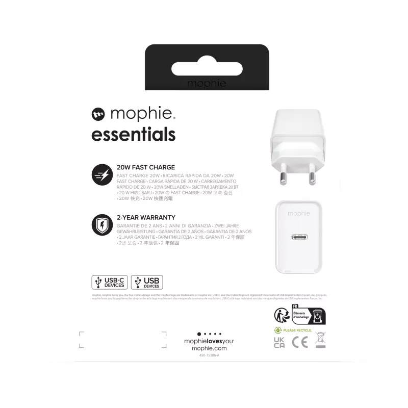 Ładowarka sieciowa mophie essentials 20 W USB-C PD, uniwersalna, biała, AC, szybkie ładowanie, do użytku wewnętrznego