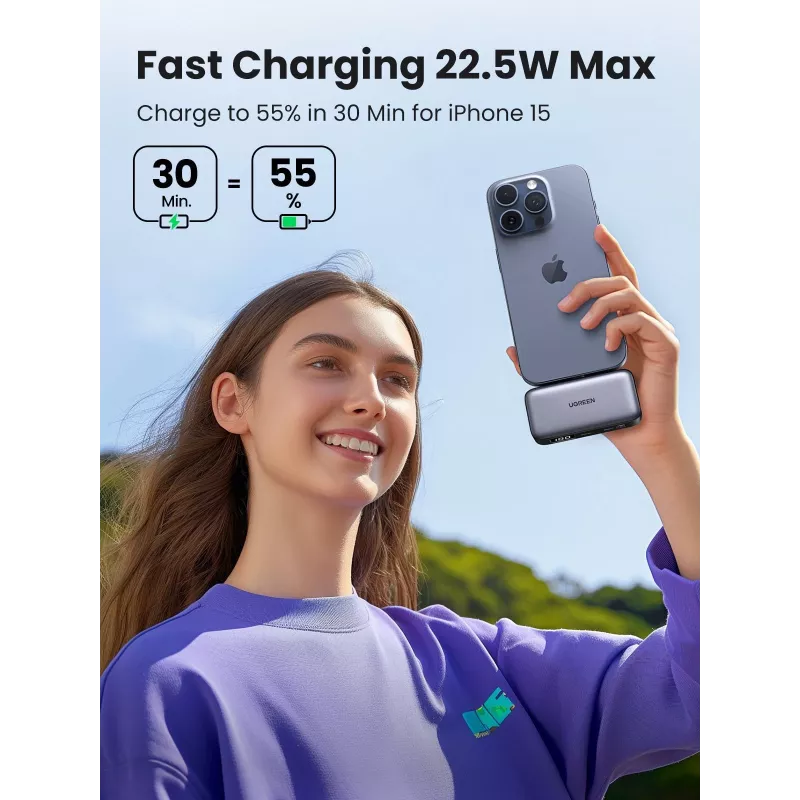 Power bank UGREEN 35338, 5000 mAh, szary, przenośna bateria do smartfonów, ładowanie jednego urządzenia