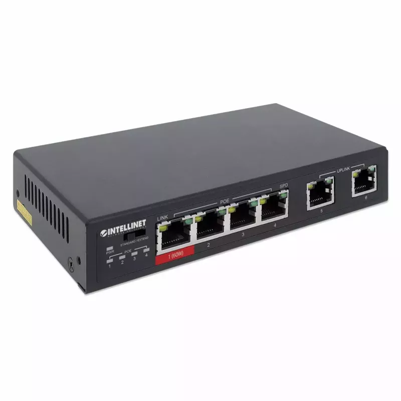 Intellinet 6-portowy przełącznik Fast Ethernet z 4 portami PoE i budżetem mocy 65 W