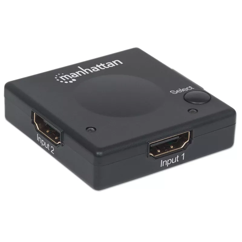 Przełącznik HDMI Manhattan 2-portowy, 1080p, łączy 2 źródła HDMI z 1 wyświetlaczem, przełączanie automatyczne i ręczne (przycisk), nie wymaga zewnętrznego zasilania, czarny, gwarancja 3 lata