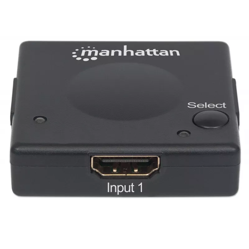 Przełącznik HDMI Manhattan 2-portowy, 1080p, łączy 2 źródła HDMI z 1 wyświetlaczem, przełączanie automatyczne i ręczne (przycisk), nie wymaga zewnętrznego zasilania, czarny, gwarancja 3 lata