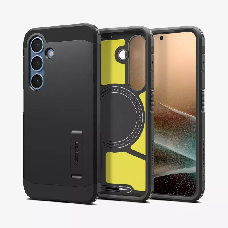 Spigen Galaxy S25 Case Tough Armor AI czarny pokrowiec ze stojakiem biurkowym