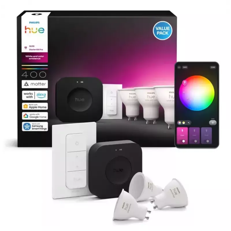 Philips Hue White and colour ambience Zestaw startowy: 3 żarówki GU10 + ściemniacz + Bridge Pro