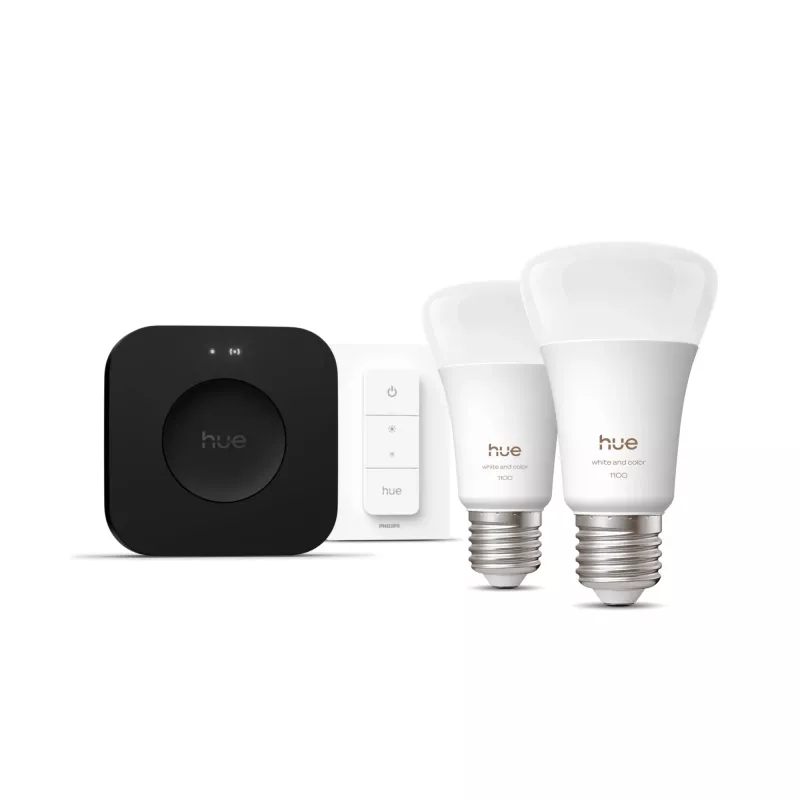 Philips Hue White and colour ambience Zestaw startowy: 2 inteligentne żarówki E27 + ściemniacz + Bridge Pro