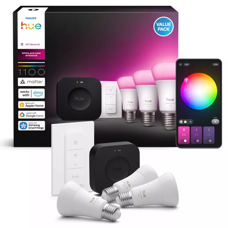 Zestaw startowy Philips Hue White and Colour Ambience — 3 inteligentne żarówki E27, ściemniacz, Bridge Pro, Bluetooth/Zigbee