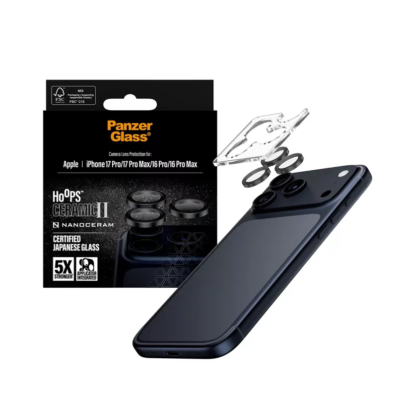 Ochrona obiektywu aparatu PanzerGlass ® Hoops® Ceramic II iPhone 17 Pro | iPhone 17 Pro Max | iPhone 16 Pro | 16 Pro Max