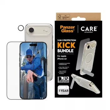 Zestaw ochronny na ekran PanzerGlass CARE 3-in-1 Feature Kick dla iPhone Air — szkło hartowane, PET, silikon, przezroczysty