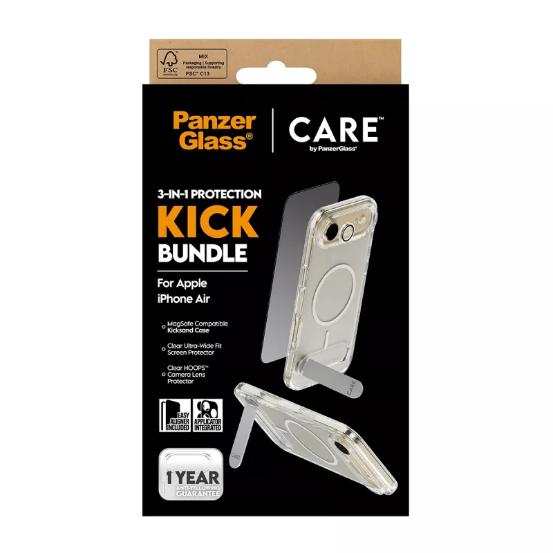 Zestaw ochronny na ekran PanzerGlass CARE 3-in-1 Feature Kick dla iPhone Air — szkło hartowane, PET, silikon, przezroczysty
