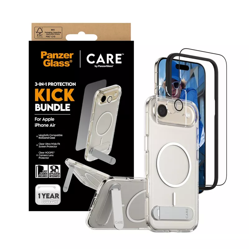 Zestaw ochronny na ekran PanzerGlass CARE 3-in-1 Feature Kick dla iPhone Air — szkło hartowane, PET, silikon, przezroczysty