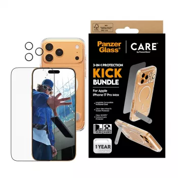 Zestaw folii ochronnej i etui PanzerGlass CARE 3-in-1 Feature Kick dla iPhone 17 Pro Max — szkło hartowane, PET, silikon, przezroczysty
