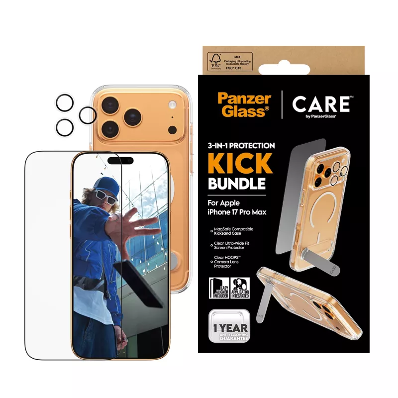 Zestaw folii ochronnej i etui PanzerGlass CARE 3-in-1 Feature Kick dla iPhone 17 Pro Max — szkło hartowane, PET, silikon, przezroczysty