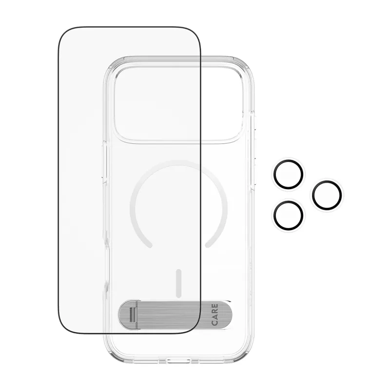 Zestaw folii ochronnej i etui PanzerGlass CARE 3-in-1 Feature Kick dla iPhone 17 Pro Max — szkło hartowane, PET, silikon, przezroczysty