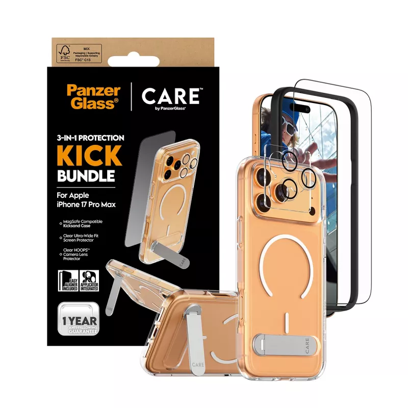 Zestaw folii ochronnej i etui PanzerGlass CARE 3-in-1 Feature Kick dla iPhone 17 Pro Max — szkło hartowane, PET, silikon, przezroczysty