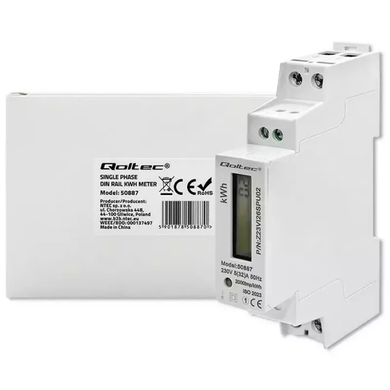 Jednofazowy licznik energii elektrycznej QOLTEC 50887 230 V LCD cienki