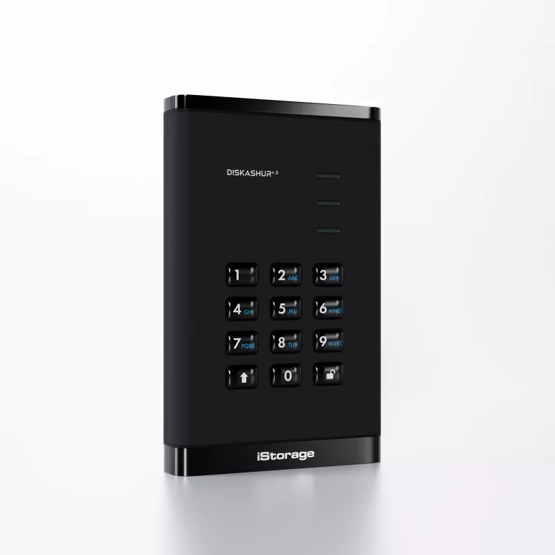 iStorage diskAshur³ 2 TB Czarny | Bezpieczny przenośny dysk twardy | Zgodny z FIPS 140-3 Poziom 3 | Common Criteria EAL 5+ | Ochrona PIN | Sprzętowe szyfrowanie AES-XTS 256-bit | GDPR, TAA zgodny | Odporny na kurz/wodę