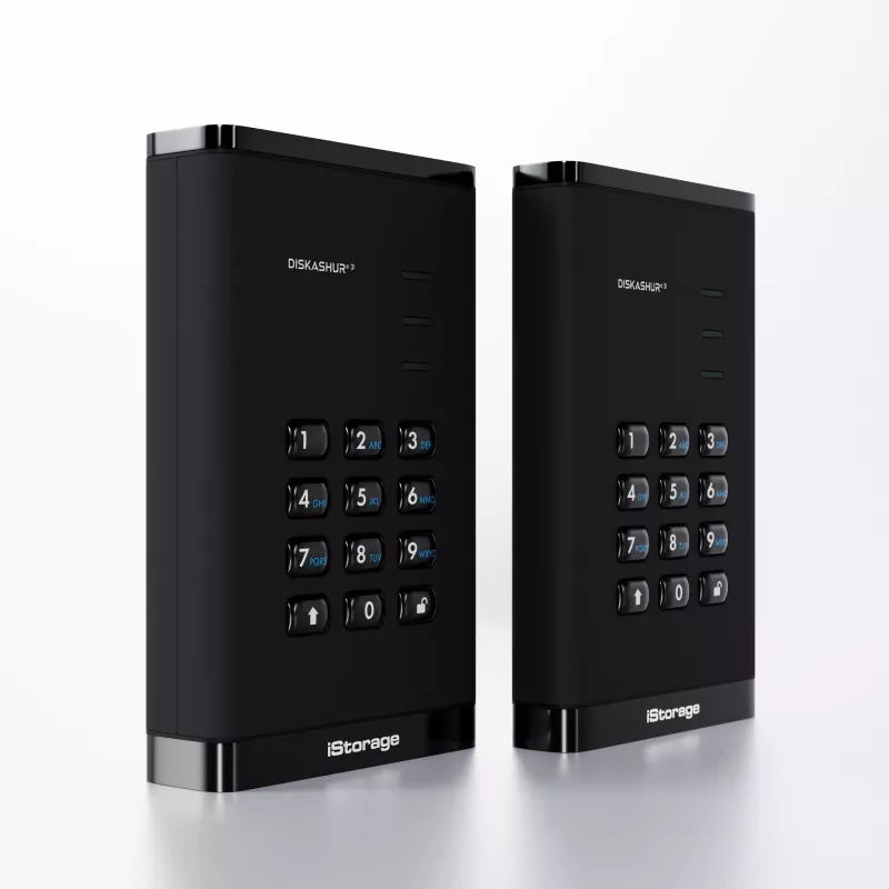 iStorage diskAshur³ 2 TB Czarny | Bezpieczny przenośny dysk twardy | Zgodny z FIPS 140-3 Poziom 3 | Common Criteria EAL 5+ | Ochrona PIN | Sprzętowe szyfrowanie AES-XTS 256-bit | GDPR, TAA zgodny | Odporny na kurz/wodę