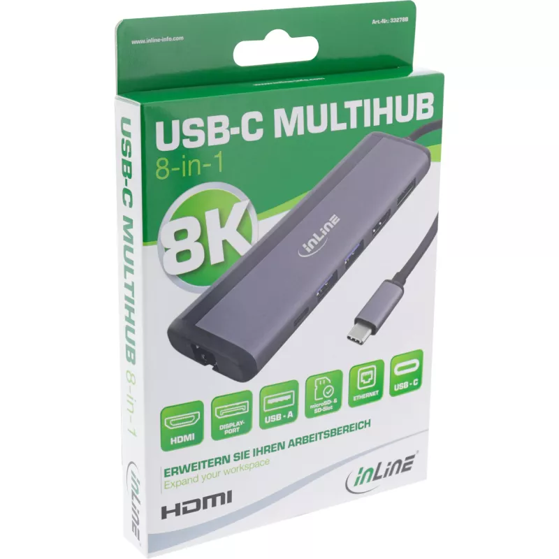 InLine 8-w-1 USB-C Multihub, HDMI, DP, USB 3.2, PD 3.0 100W, MST