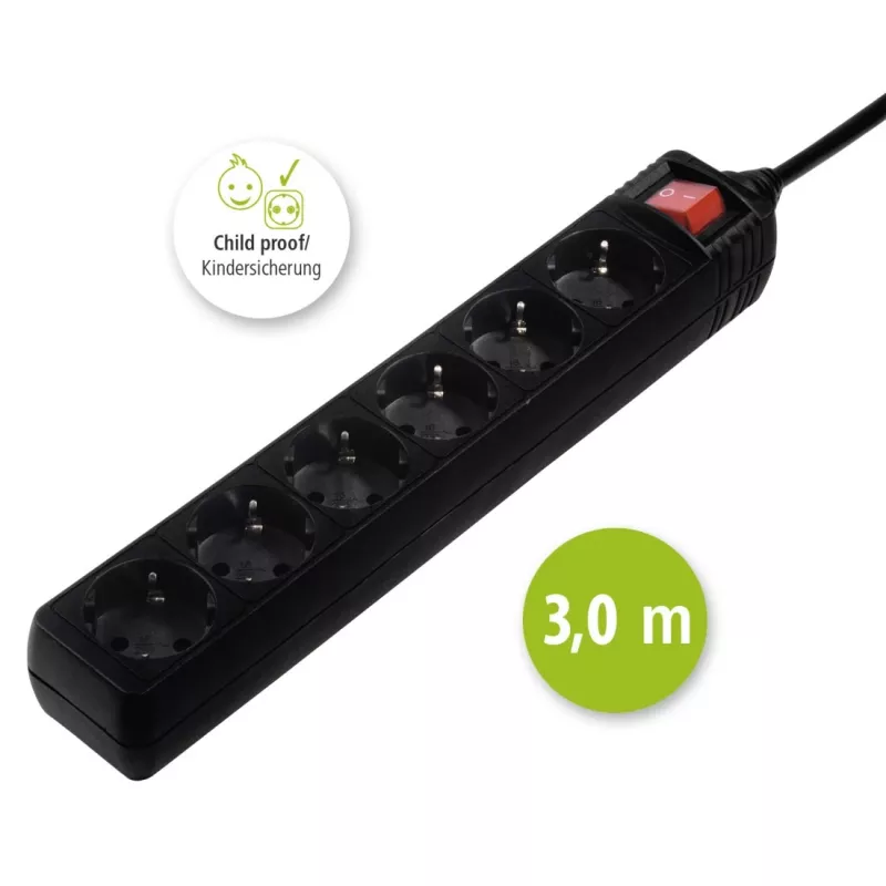 Hama 137265 przedłużacz zasilający 3 m 6 gniazd AC Wewnętrzny Czarny