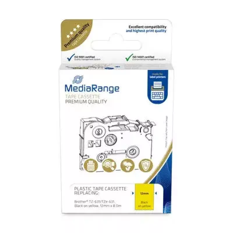 Plastikowa kaseta z taśmą MediaRange TZ-631 12mm czarny na żółtym