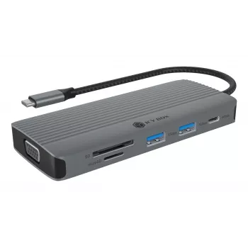 Stacja dokująca ICY BOX IB-DK4040a-CPD — 10-w-1 USB-C, HDMI 4K60Hz, VGA, 3×USB-A, Gigabit LAN, PD 100W, SD/MicroSD, aluminium