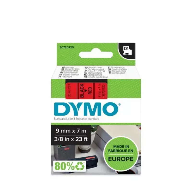 Oryginalne etykiety DYMO D1 | Czarny nadruk na czerwonej taśmie | 9 mm x 7 m | Etykiety samoprzylepne do drukarek etykiet LabelManager | Wyprodukowano w Europie