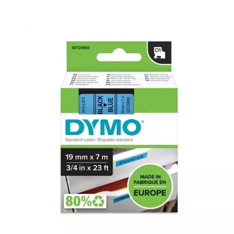Autentyczne etykiety DYMO D1 | Czarny nadruk na niebieskiej taśmie | 19 mm x 7 m | Etykiety samoprzylepne do drukarek etykiet LabelManager | Wyprodukowano w Europie