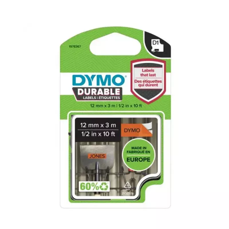 Autentyczne etykiety DYMO D1 Durable | Czarny nadruk na pomarańczowej taśmie | 12 mm x 3 m | Wysokowydajna taśma etykietująca do drukarek etykiet LabelManager