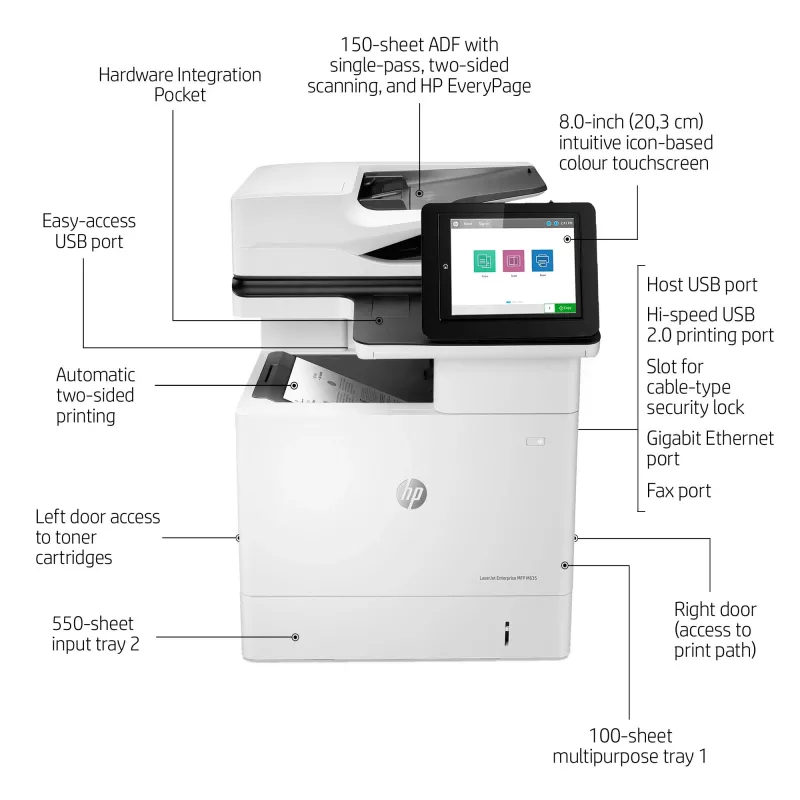 HP LaserJet Enterprise MFP M635h, Laser, Drukowanie mono, 1200 x 1200 DPI, Kopiowanie mono, A4, Czarny, Biały