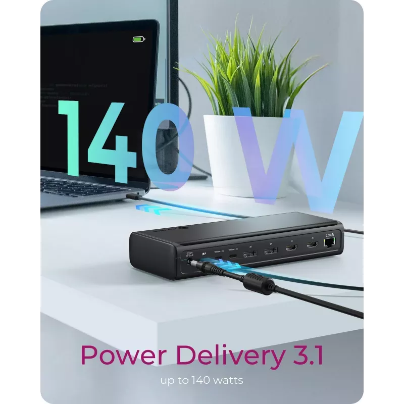 ICY BOX Stacja dokująca 17-w-1, sześć wyjść wideo, przewodowa, USB 3.2 Gen 2 (3.1 Gen 2) Typu-C, 140 W, 3.5 mm, 10,100,1000,2500 Mbit/s, Czarny