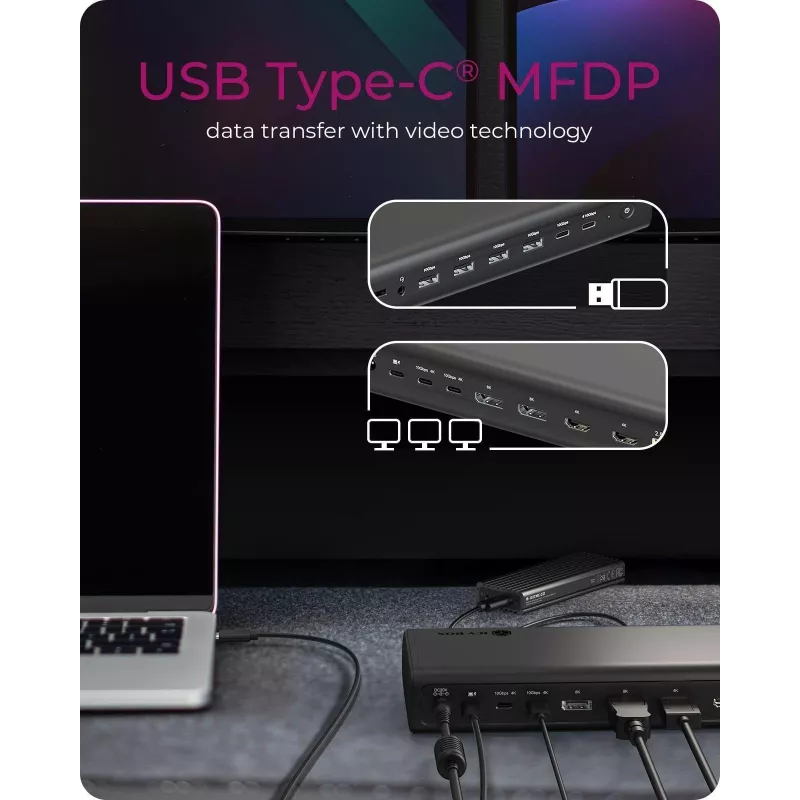 ICY BOX Stacja dokująca 17-w-1, sześć wyjść wideo, przewodowa, USB 3.2 Gen 2 (3.1 Gen 2) Typu-C, 140 W, 3.5 mm, 10,100,1000,2500 Mbit/s, Czarny