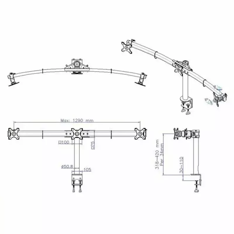 VALUE Triple LCD Arm Desk Clamp Czarny — uchwyt do 3 monitorów, regulowany