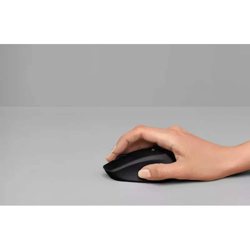 Mysz Logitech M330 SILENT PLUS — bezprzewodowa RF, praworęczna, 1000 DPI, 3 przyciski, kółko przewijania, czarna, zasilana bateryjnie