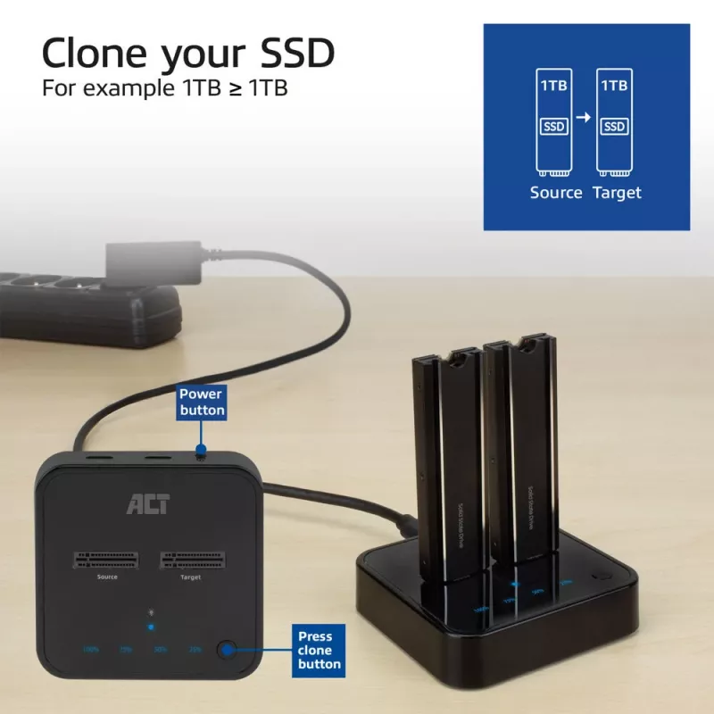 ACT M.2 NVMe/PCIe dualna stacja dokująca do klonowania SSD, USB-C 3.2 Gen2