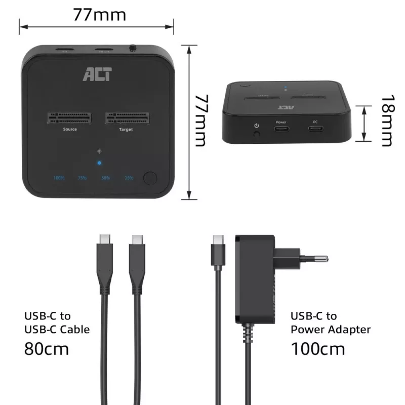 ACT M.2 NVMe/PCIe dualna stacja dokująca do klonowania SSD, USB-C 3.2 Gen2