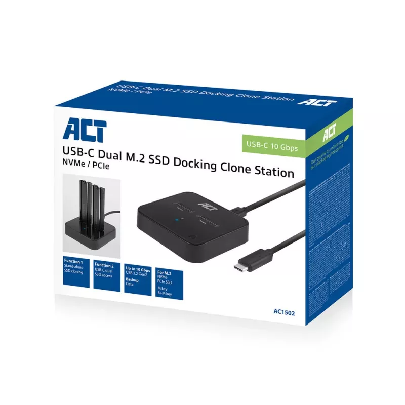 ACT M.2 NVMe/PCIe dualna stacja dokująca do klonowania SSD, USB-C 3.2 Gen2