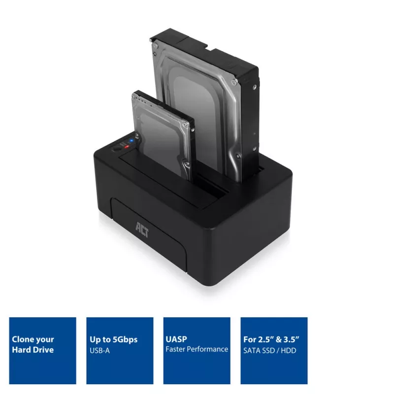 Stacja dokująca ACT na dwa dyski SATA 2,5 cala i 3,5 cala HDD/SSD, USB 3.2 Gen1