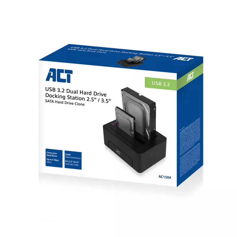 Stacja dokująca ACT na dwa dyski SATA 2,5 cala i 3,5 cala HDD/SSD, USB 3.2 Gen1