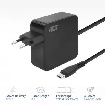 Ładowarka ścienna ACT USB-C do laptopa 65W z profilami Power Delivery, 2 metry
