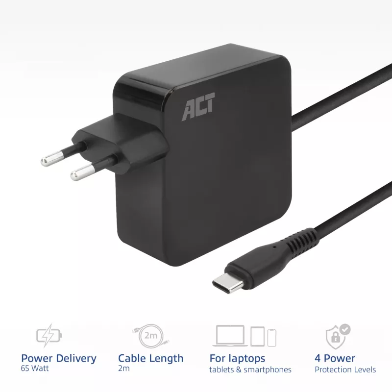 Ładowarka ścienna ACT USB-C do laptopa 65W z profilami Power Delivery, 2 metry