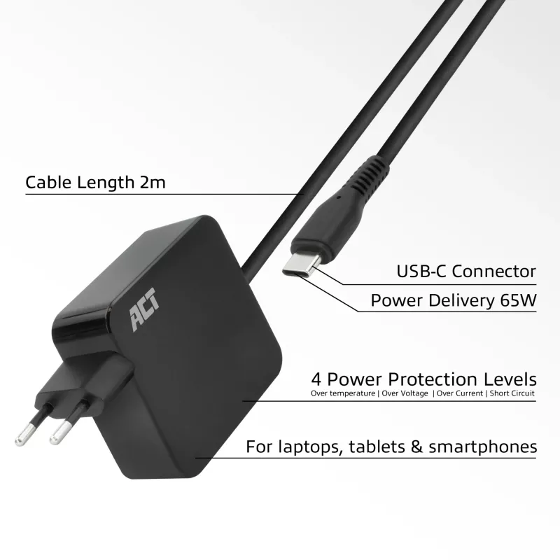 Ładowarka ścienna ACT USB-C do laptopa 65W z profilami Power Delivery, 2 metry