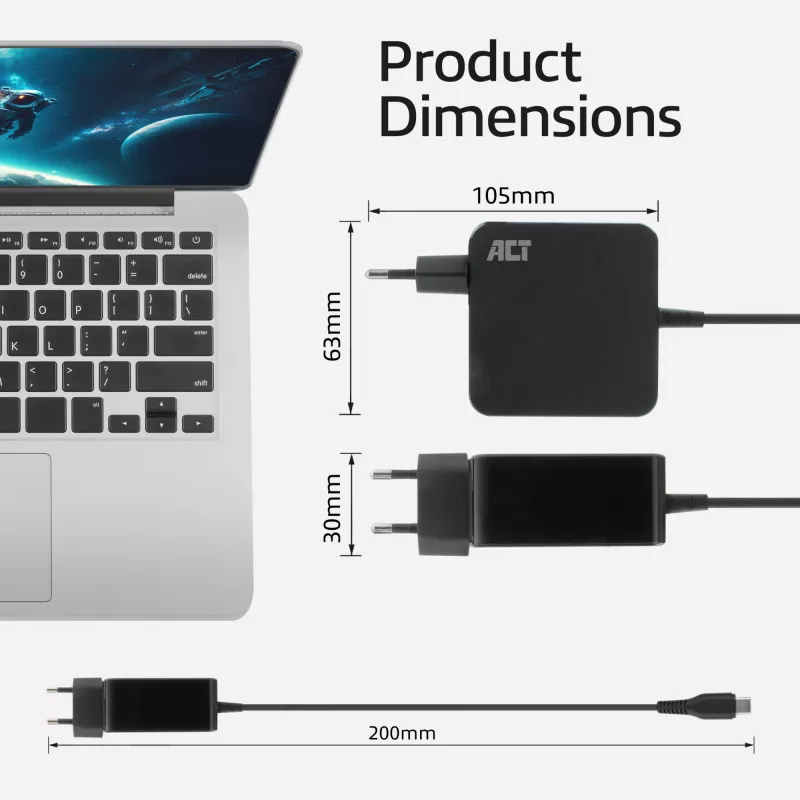 Ładowarka ścienna ACT USB-C do laptopa 65W z profilami Power Delivery, 2 metry