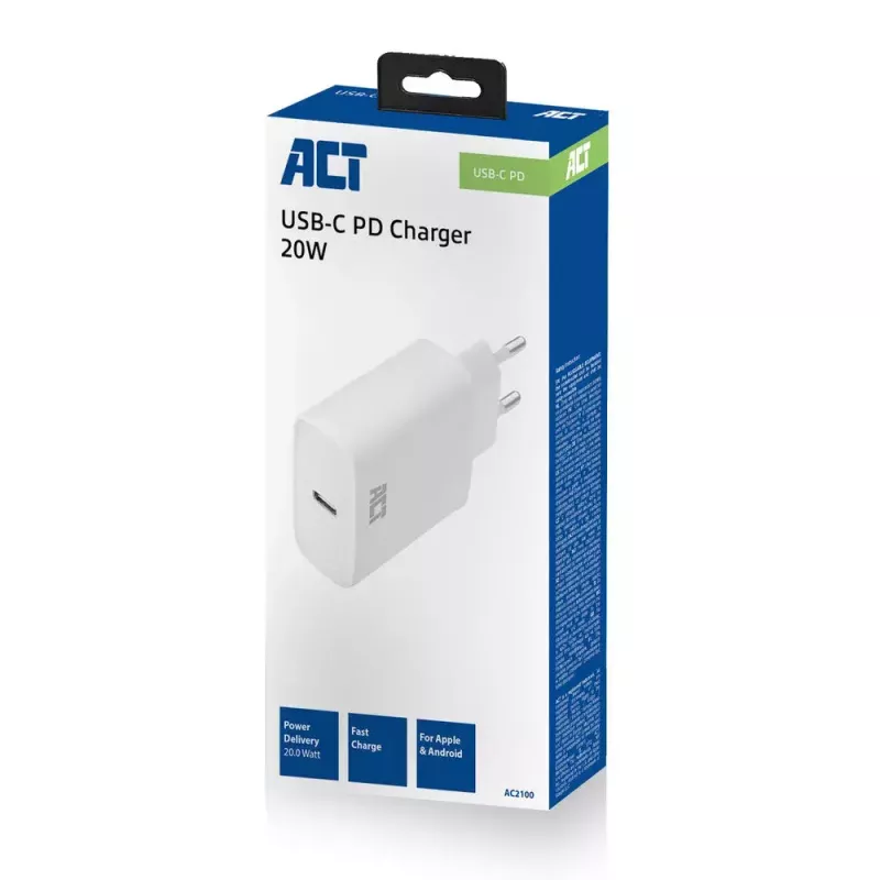ACT Compact USB-C Charger 20W Szybkie ładowanie Uniwersalna ładowarka sieciowa Biała