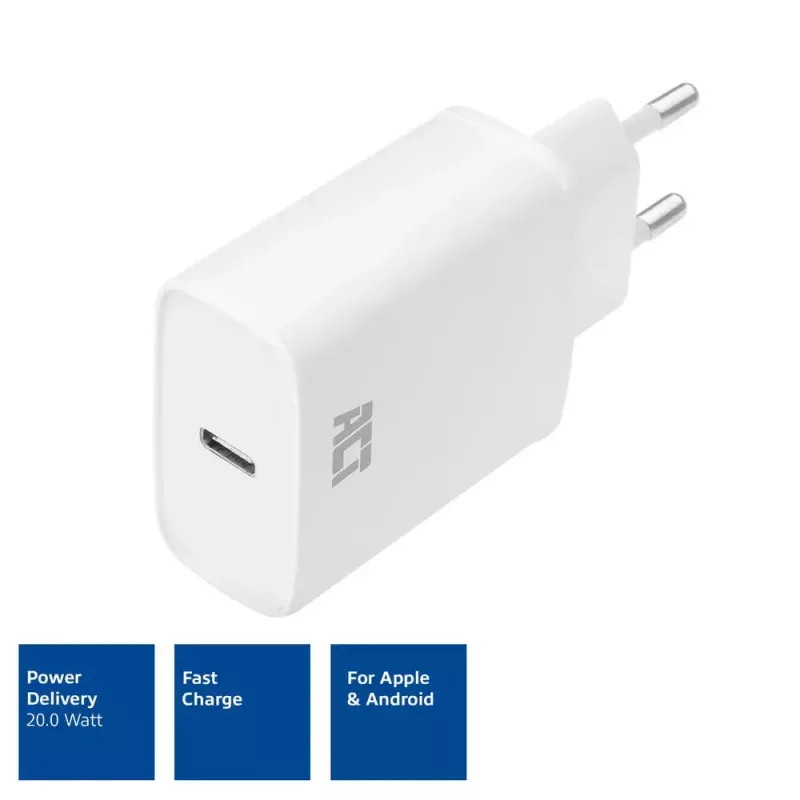ACT Compact USB-C Charger 20W Szybkie ładowanie Uniwersalna ładowarka sieciowa Biała