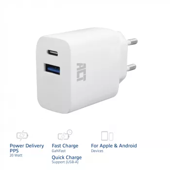 Ładowarka ACT USB-C i USB-A 20W z Power Delivery PPS, Quick Charge, GaNFast