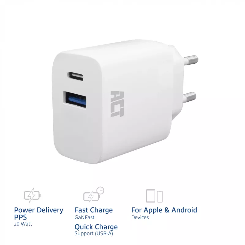 Ładowarka ACT USB-C i USB-A 20W z Power Delivery PPS, Quick Charge, GaNFast