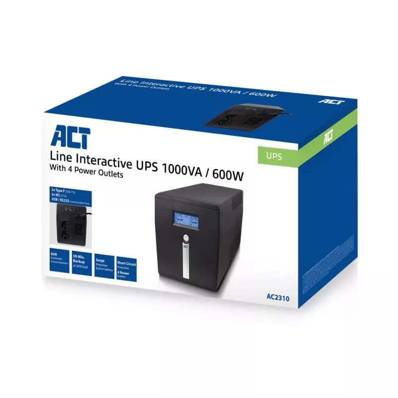 ACT Line Interactive UPS 1000VA - 600W z AVR, wyświetlaczem LCD
