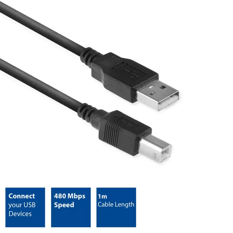 Kabel połączeniowy ACT USB 2.0 wtyk A - wtyk B 1 metr Czarny