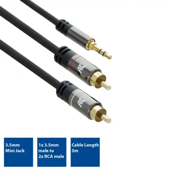 ACT 5 metrów Wysokiej jakości kabel połączeniowy audio 1x wtyk jack stereo 3,5 mm - 2x wtyki RCA