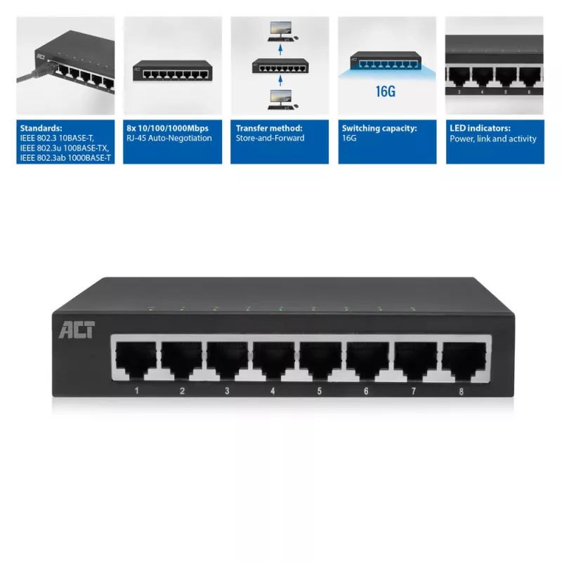 Przełącznik niezarządzalny ACT AC4418 8 portów Gigabit Ethernet 10/100/1000