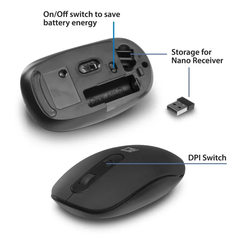 Bezprzewodowa mysz ACT 1200 DPI, symetryczna, RF Wireless, 1200 DPI, czarna